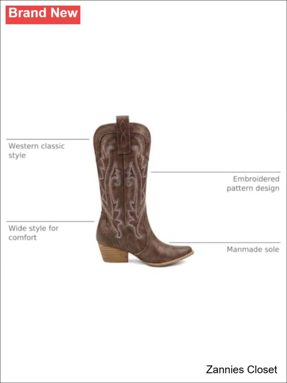 ๐ค Western Cowgirl Boots Mid Calf Faux Leather Pointed Toe Pull-On - Picture 2 of 6
